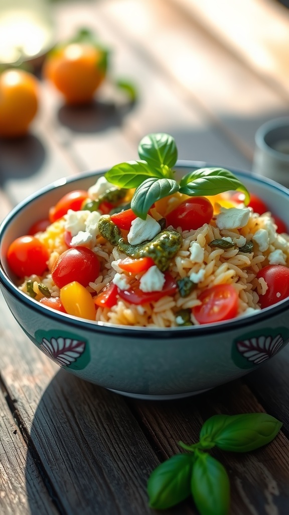 Refreshing Orzo Salad with Pesto, Tomatoes, and Feta A bowl of orzo salad with tomatoes, feta, and pesto, garnished with basil on a rustic table.